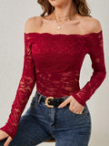Elegant Fan-Edge Off-Shoulder Lace Fitted Slimming Long Sleeve Top