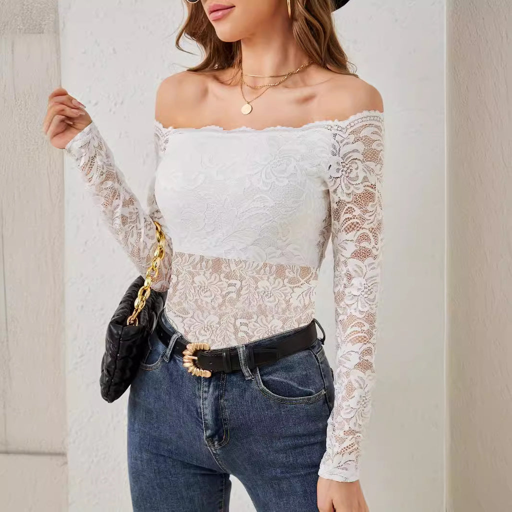 Elegant Fan-Edge Off-Shoulder Lace Fitted Slimming Long Sleeve Top