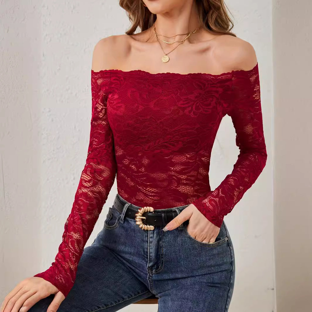 Elegant Fan-Edge Off-Shoulder Lace Fitted Slimming Long Sleeve Top