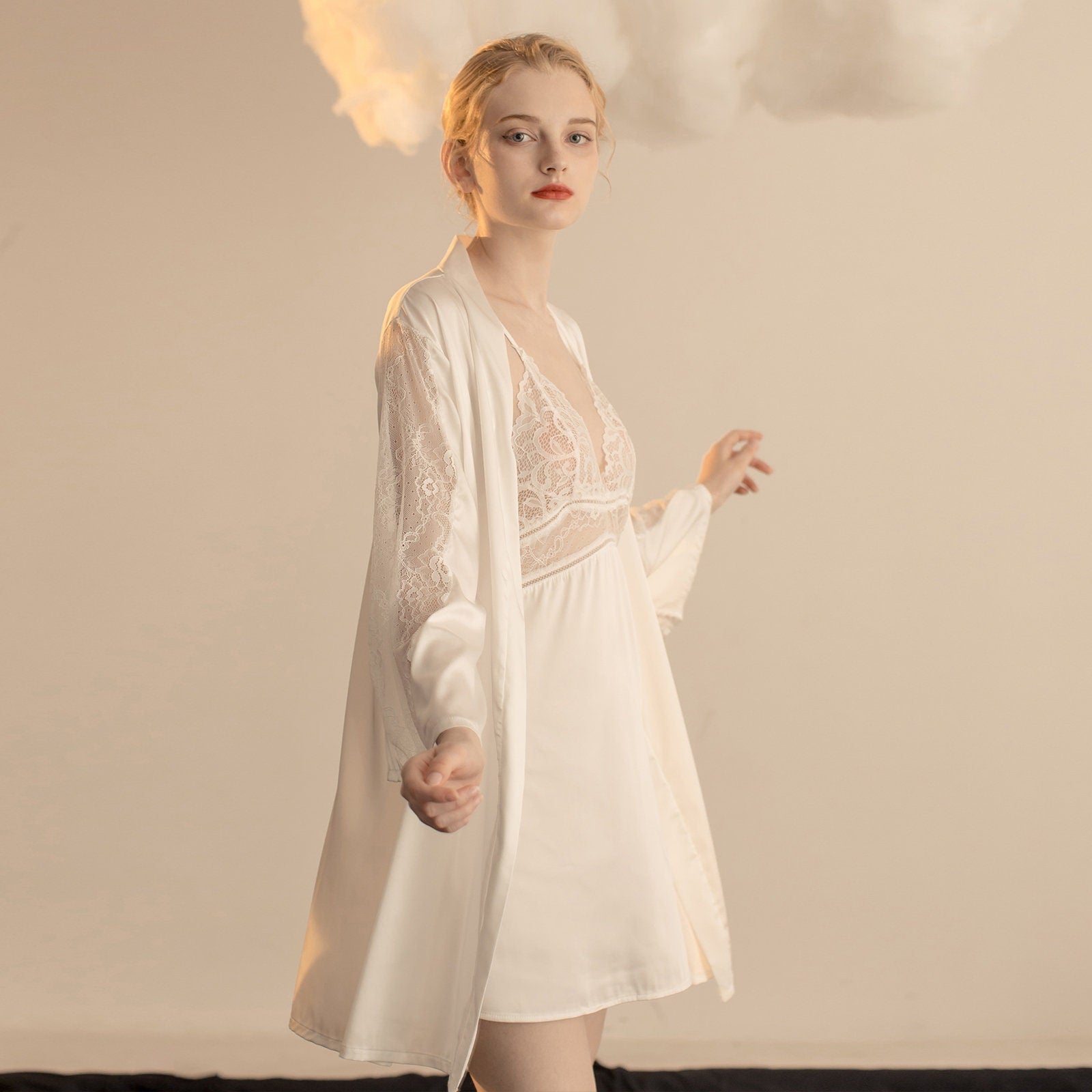 Luxurious Lace Satin Bridal Lingerie Set with Nightgown & Robe - 7 Colors Next Day Shipping