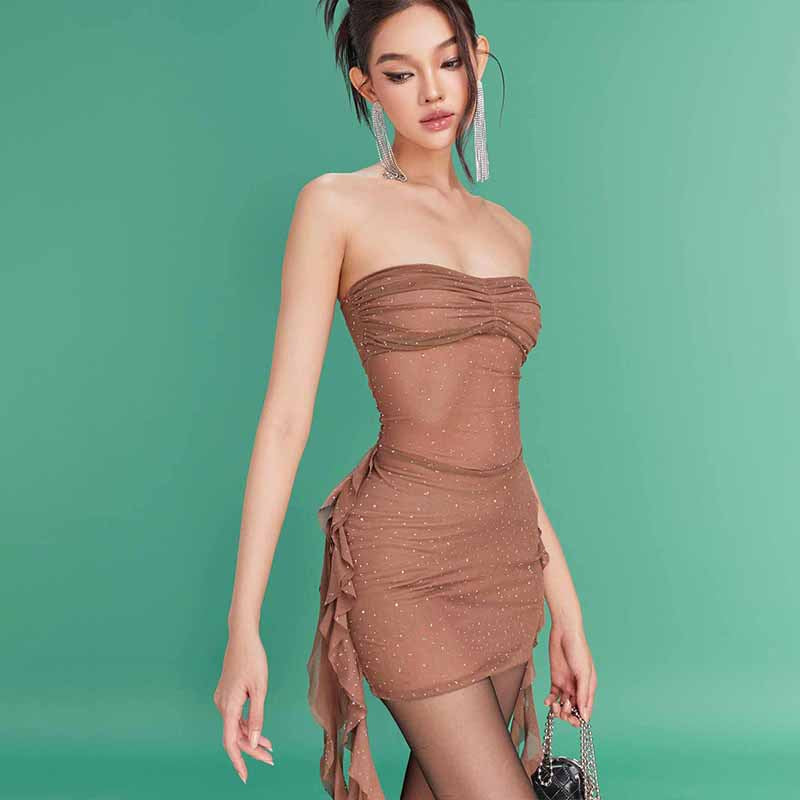 Autumn Sexy Starry Rhinestone Tube Top Ribbon Mesh See through Dress Women