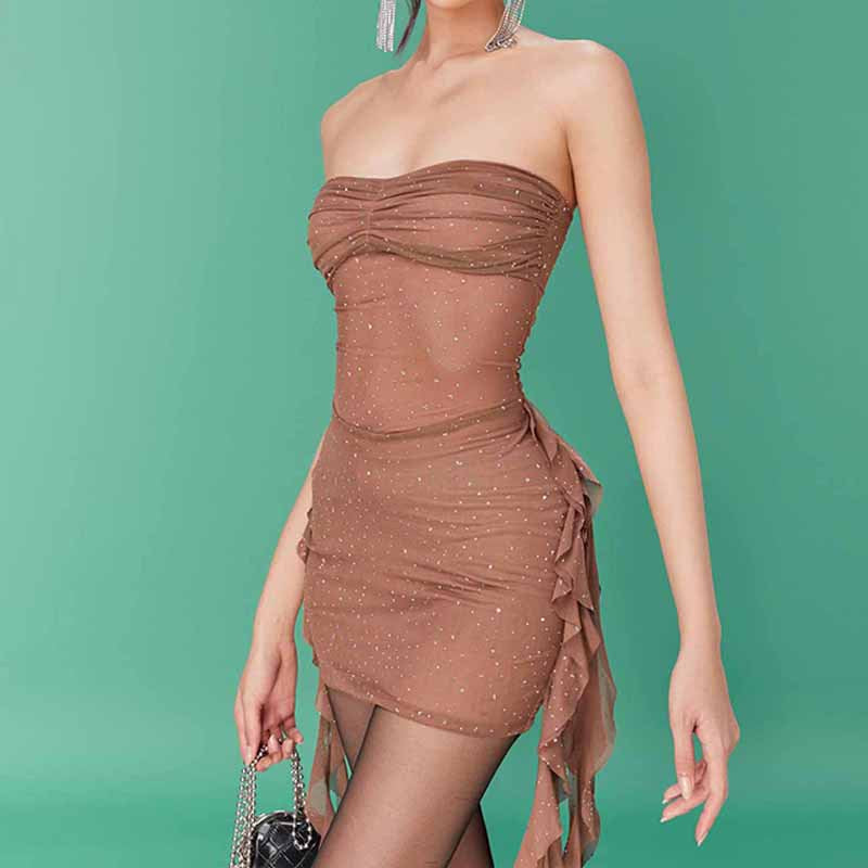 Autumn Sexy Starry Rhinestone Tube Top Ribbon Mesh See through Dress Women