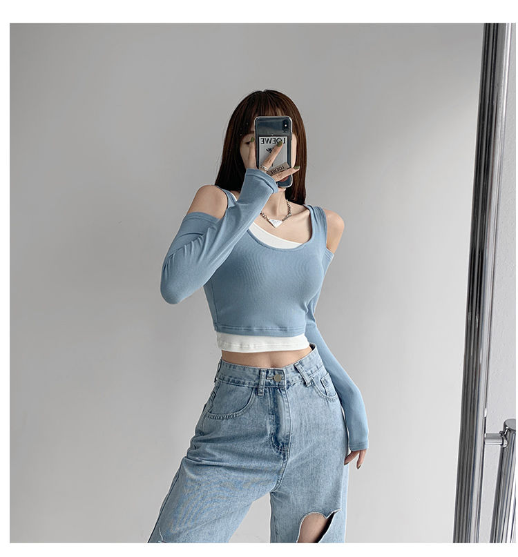 Patchwork Women's T-shirt Fake Two-piece Slim Long Sleeve Y2K Crop Tops Woman