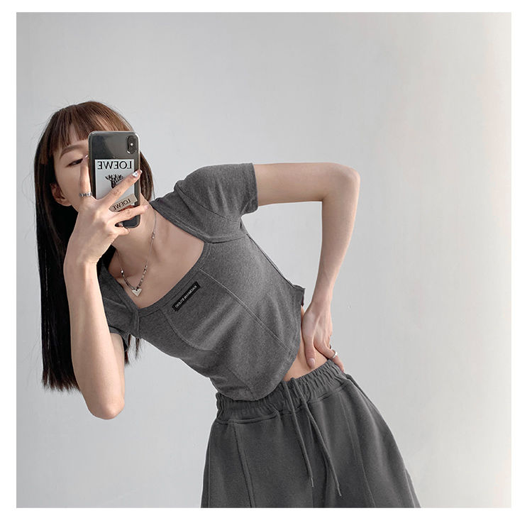 Curved Crop Tops Women Summer Square Collar Short Sleeve T-Shirt Fashion Slim Woman