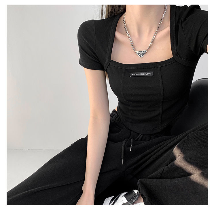Curved Crop Tops Women Summer Square Collar Short Sleeve T-Shirt Fashion Slim Woman